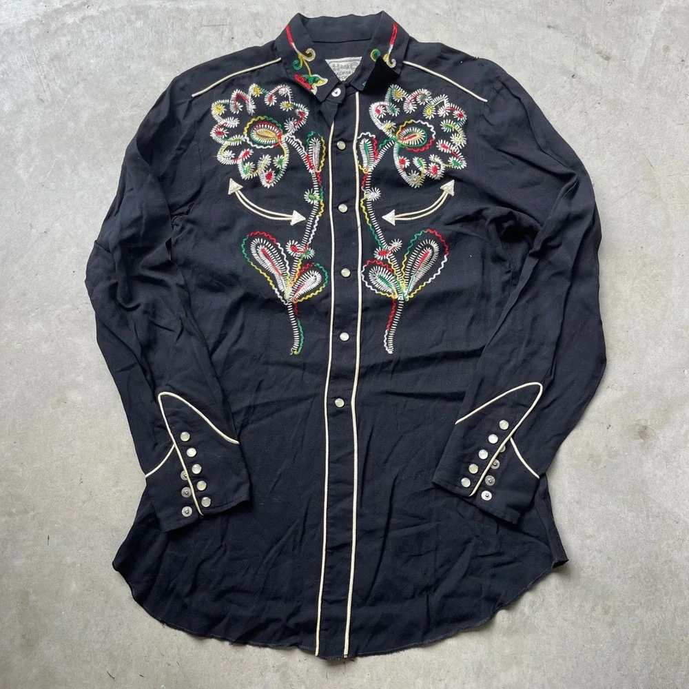 Vintage 50s H Bar C California Ranchwear Black Rayon Chain Stitch‎ Western Shirt